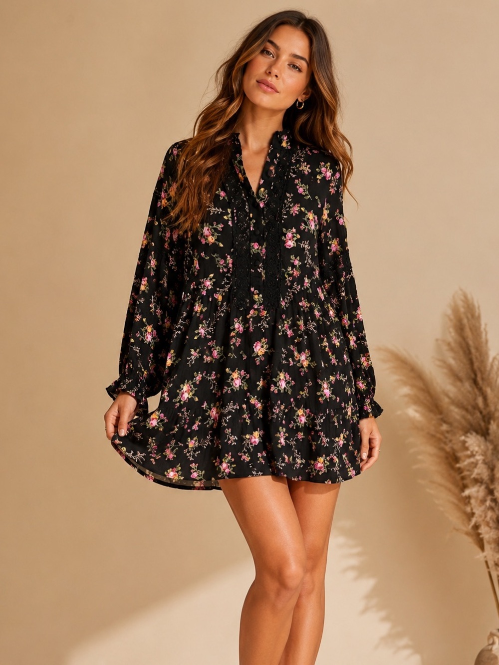 Angie Black Floral Lace Boho Babydoll Dress | Small